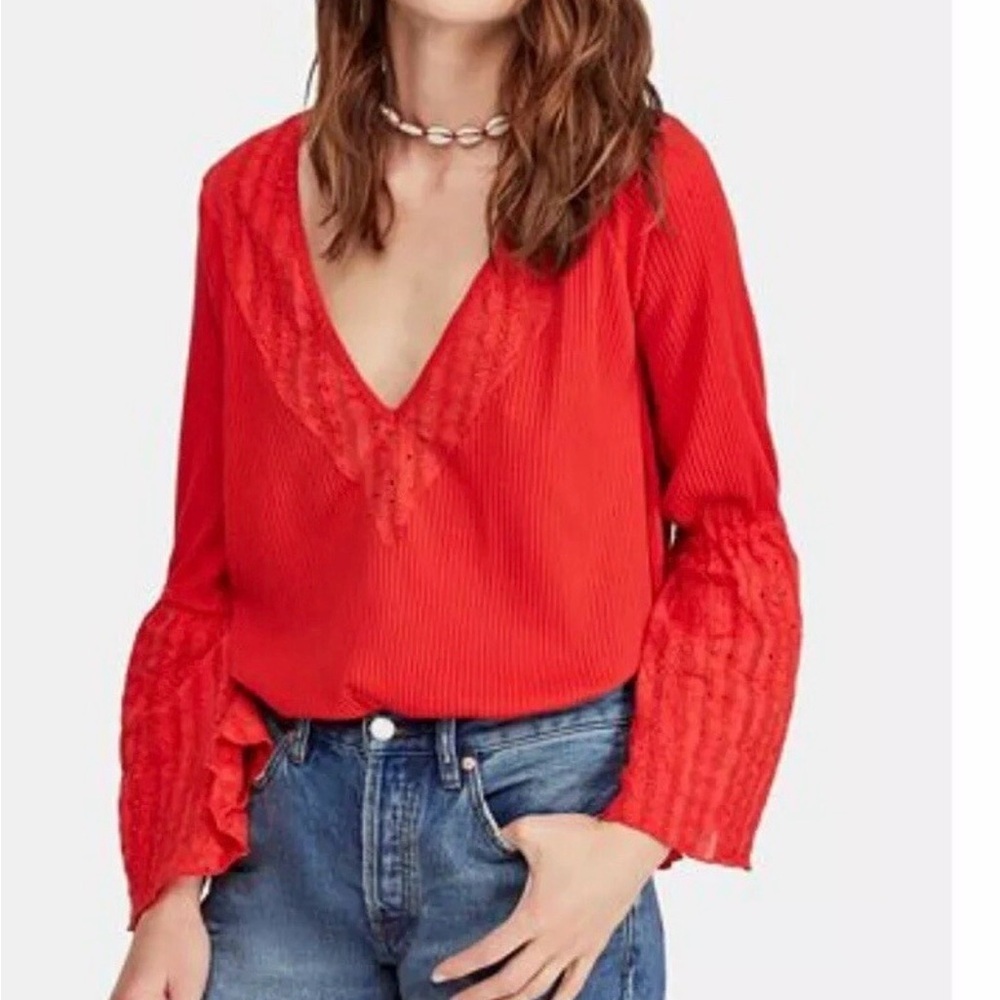 Free People Parisian Nights Embroidered Bell Sleeve Vermillion Top Sz L Boho